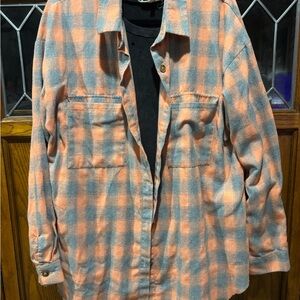 Orange and Gray Plaid Flannel Button-Up Shirt